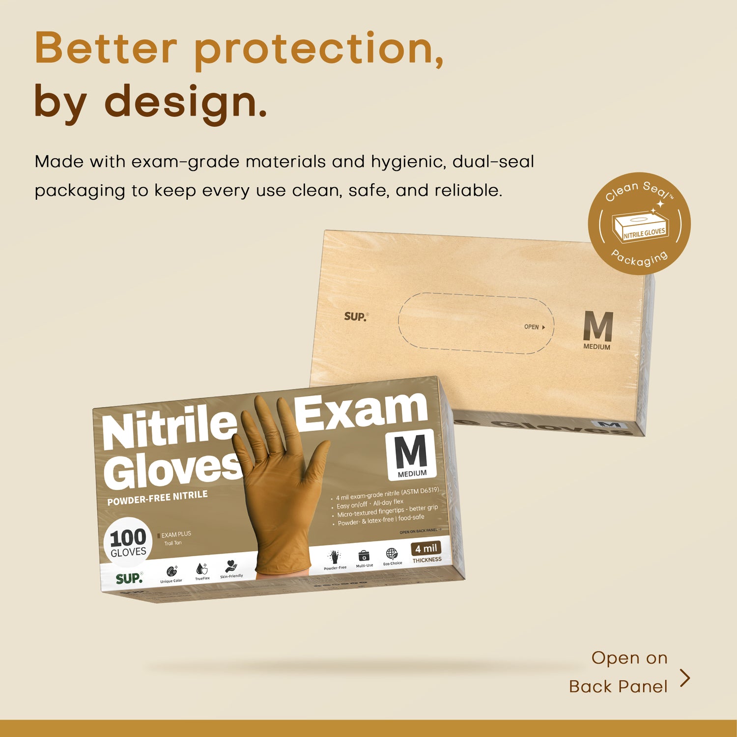 SUP Powder-Free Nitrile Gloves, 100 Count, Food Safe Latex-Free Medical Non-Sterile Cooking Disposable Glove, Tan