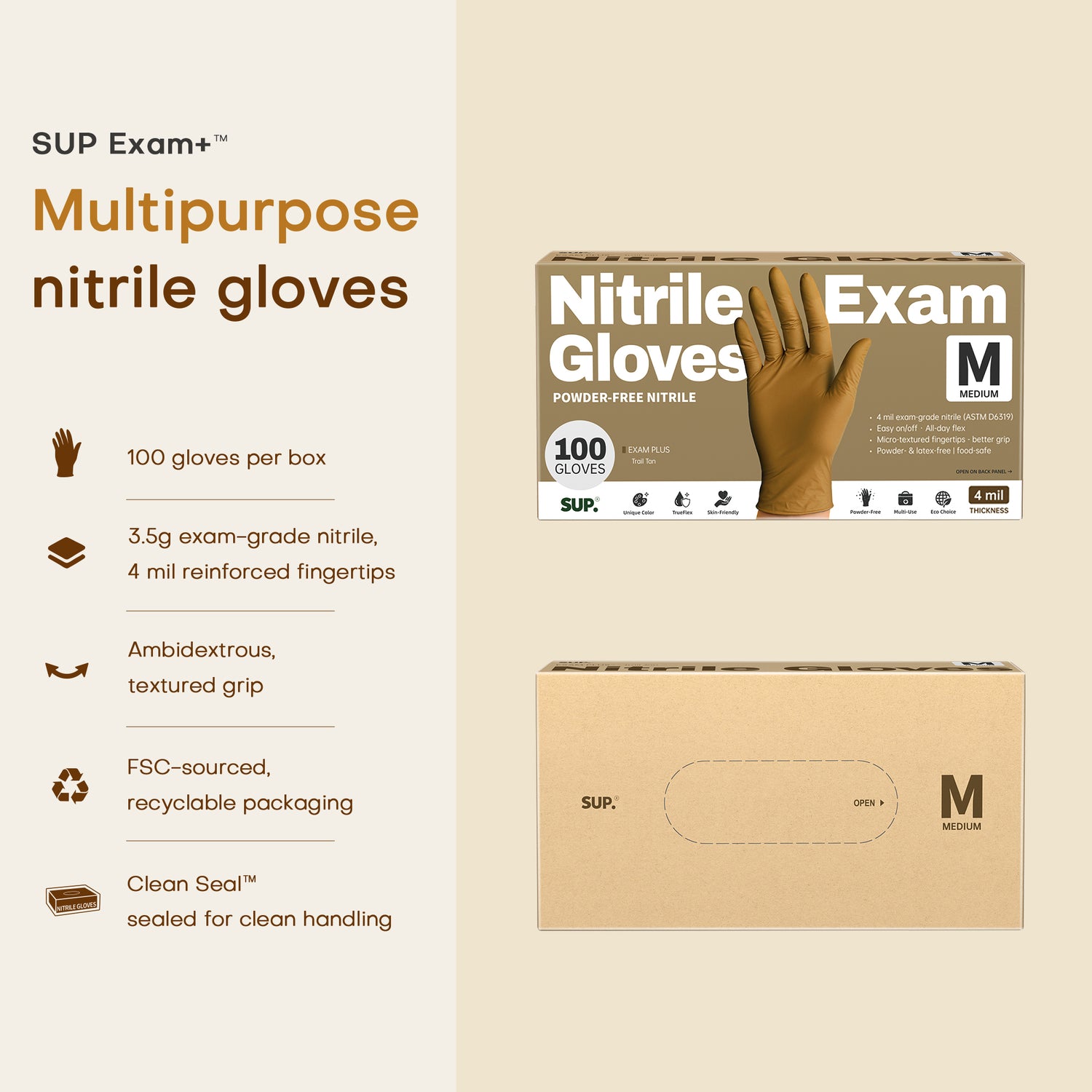 SUP Powder-Free Nitrile Gloves, 100 Count, Food Safe Latex-Free Medical Non-Sterile Cooking Disposable Glove, Tan
