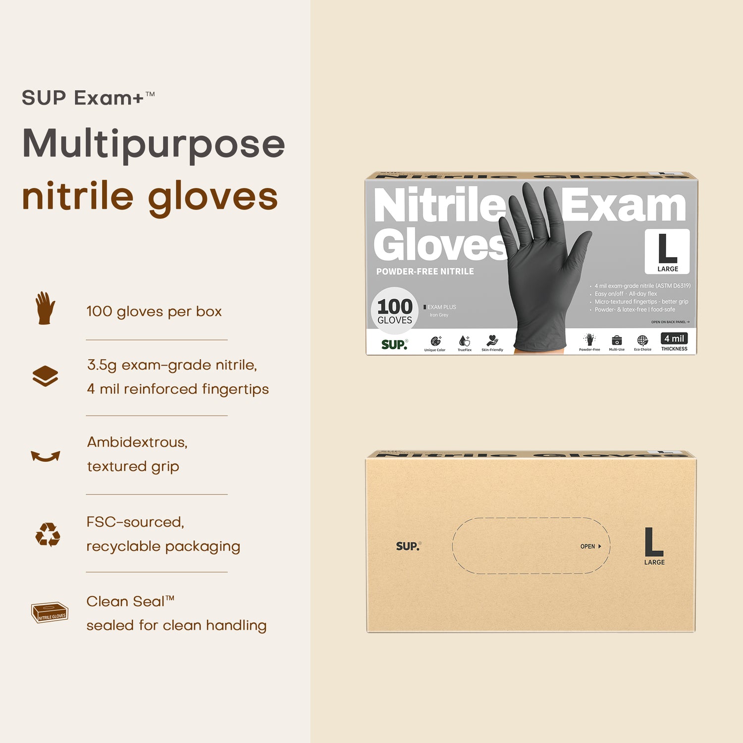 SUP Powder-Free Nitrile Gloves, 100 Count, Food Safe Latex-Free Medical Non-Sterile Cooking Disposable Glove, Black