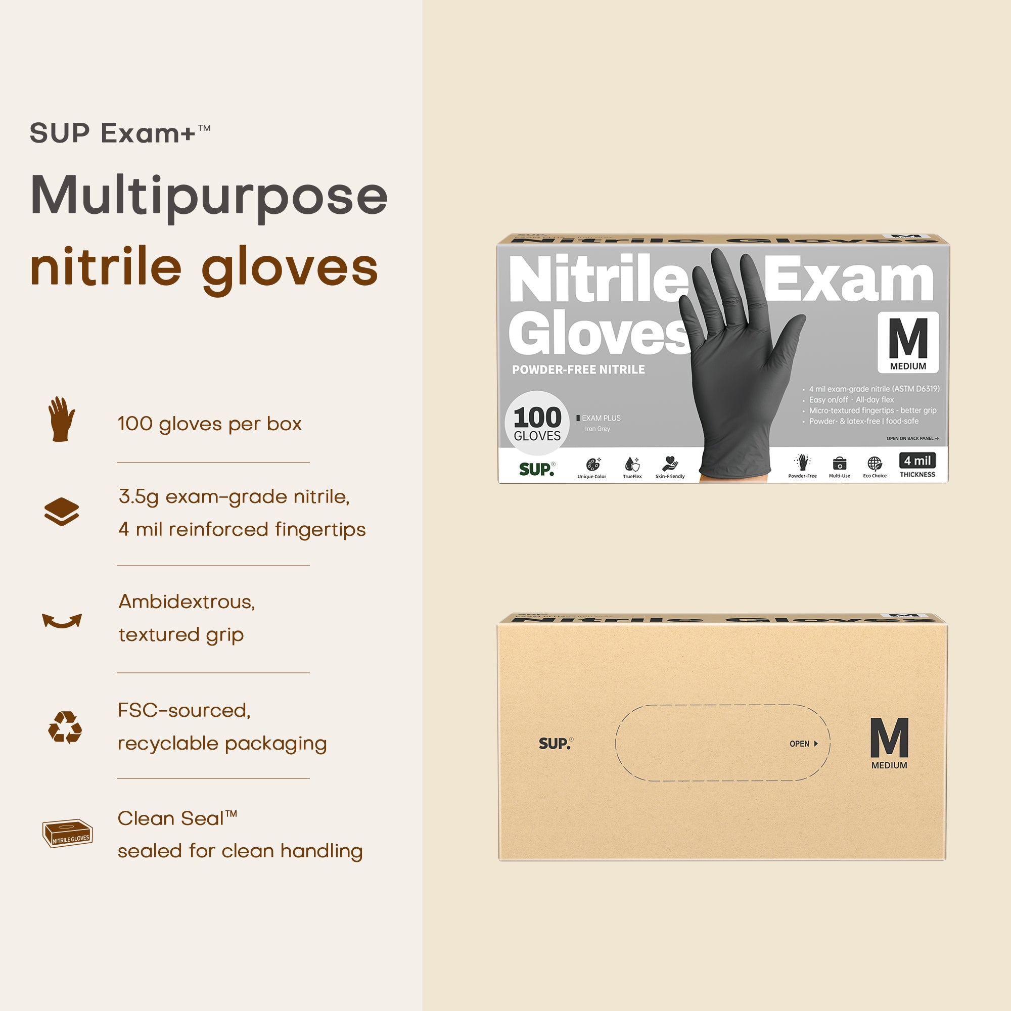 SUP Powder-Free Nitrile Gloves, 100 Count, Food Safe Latex-Free Medical Non-Sterile Cooking Disposable Glove, Black