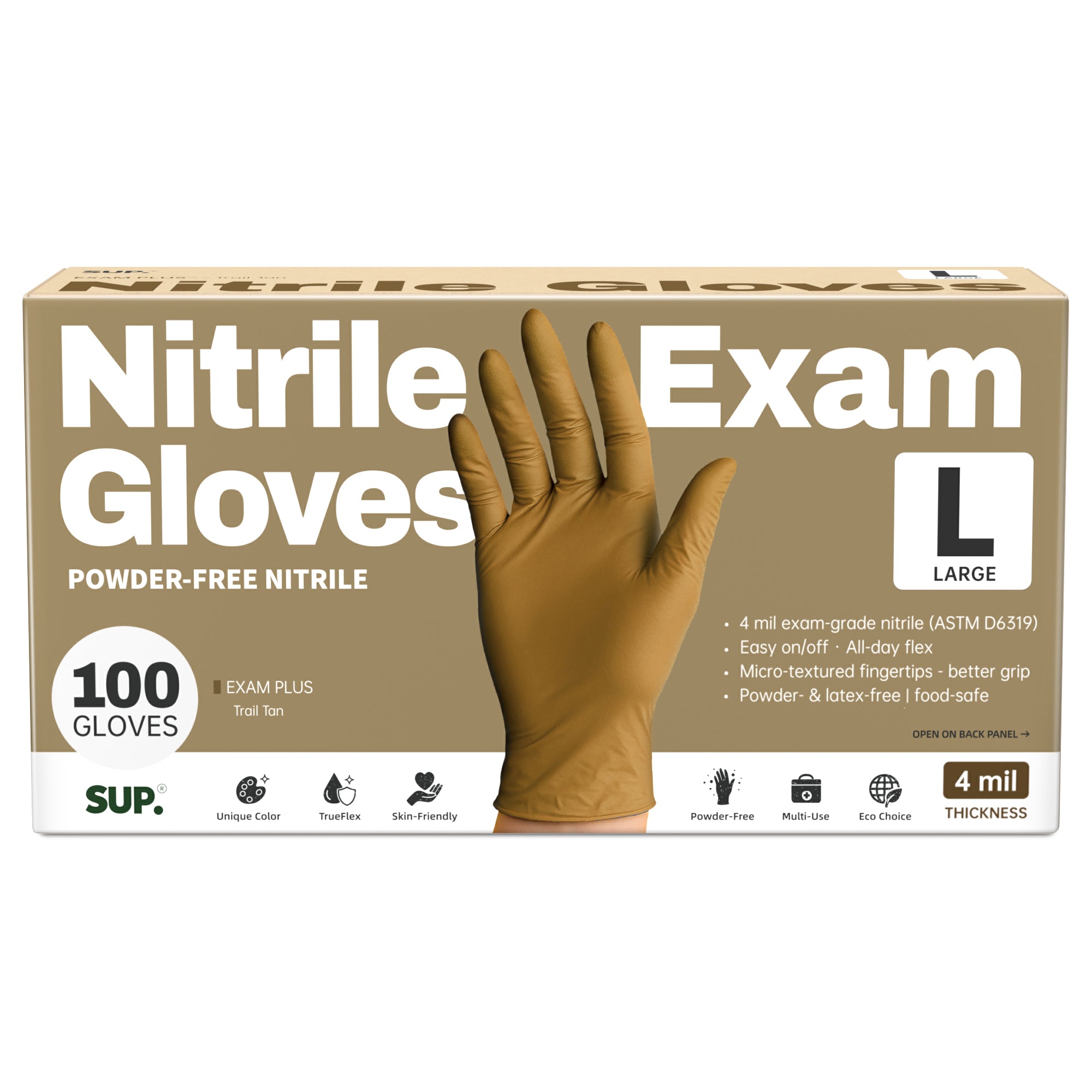 SUP Powder-Free Nitrile Gloves, 100 Count, Food Safe Latex-Free Medical Non-Sterile Cooking Disposable Glove, Tan