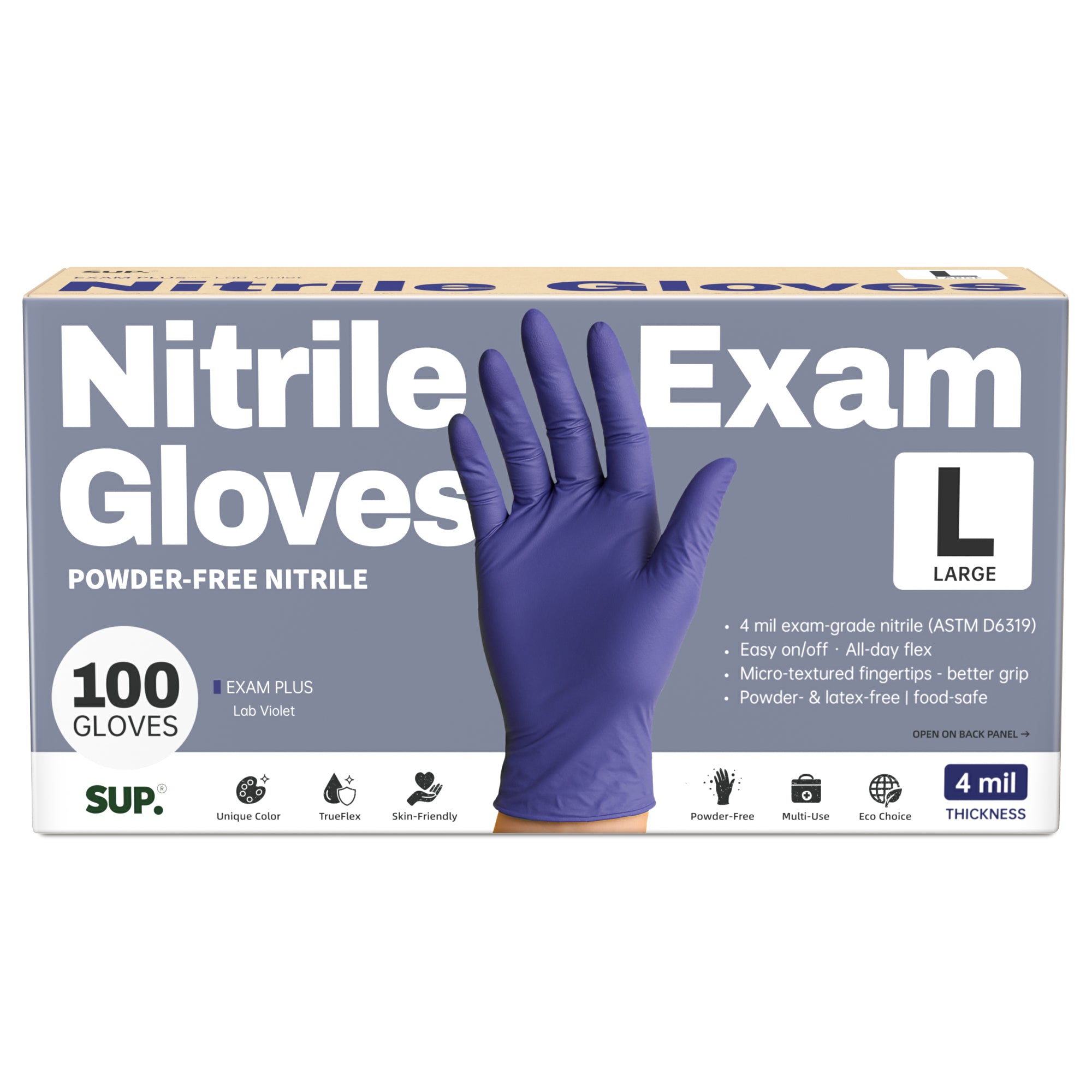 SUP Powder-Free Nitrile Gloves, 100 Count, Food Safe Latex-Free Medical Non-Sterile Cooking Disposable Glove, Blue Violet