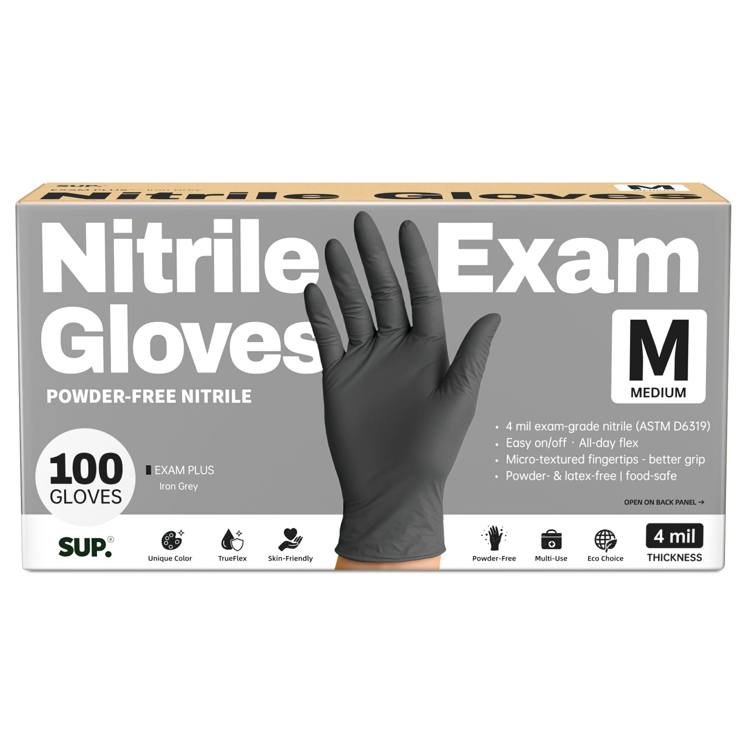 SUP Powder-Free Nitrile Gloves, 100 Count, Food Safe Latex-Free Medical Non-Sterile Cooking Disposable Glove, Black