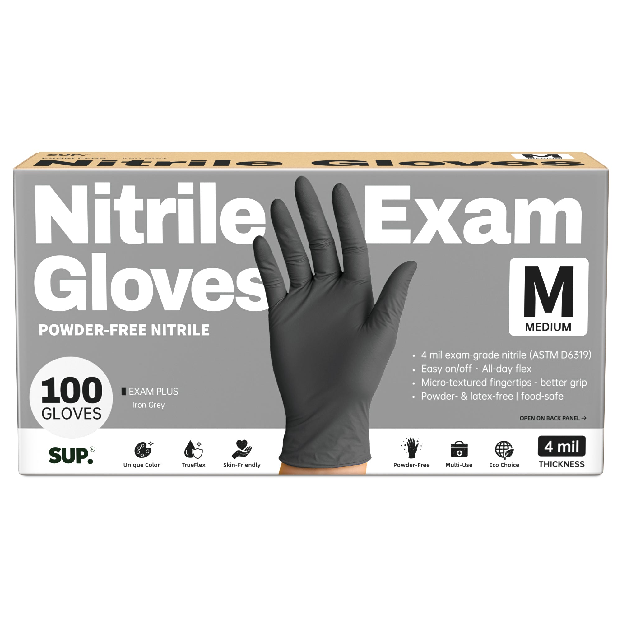 SUP Powder-Free Nitrile Gloves, 100 Count, Food Safe Latex-Free Medical Non-Sterile Cooking Disposable Glove, Black