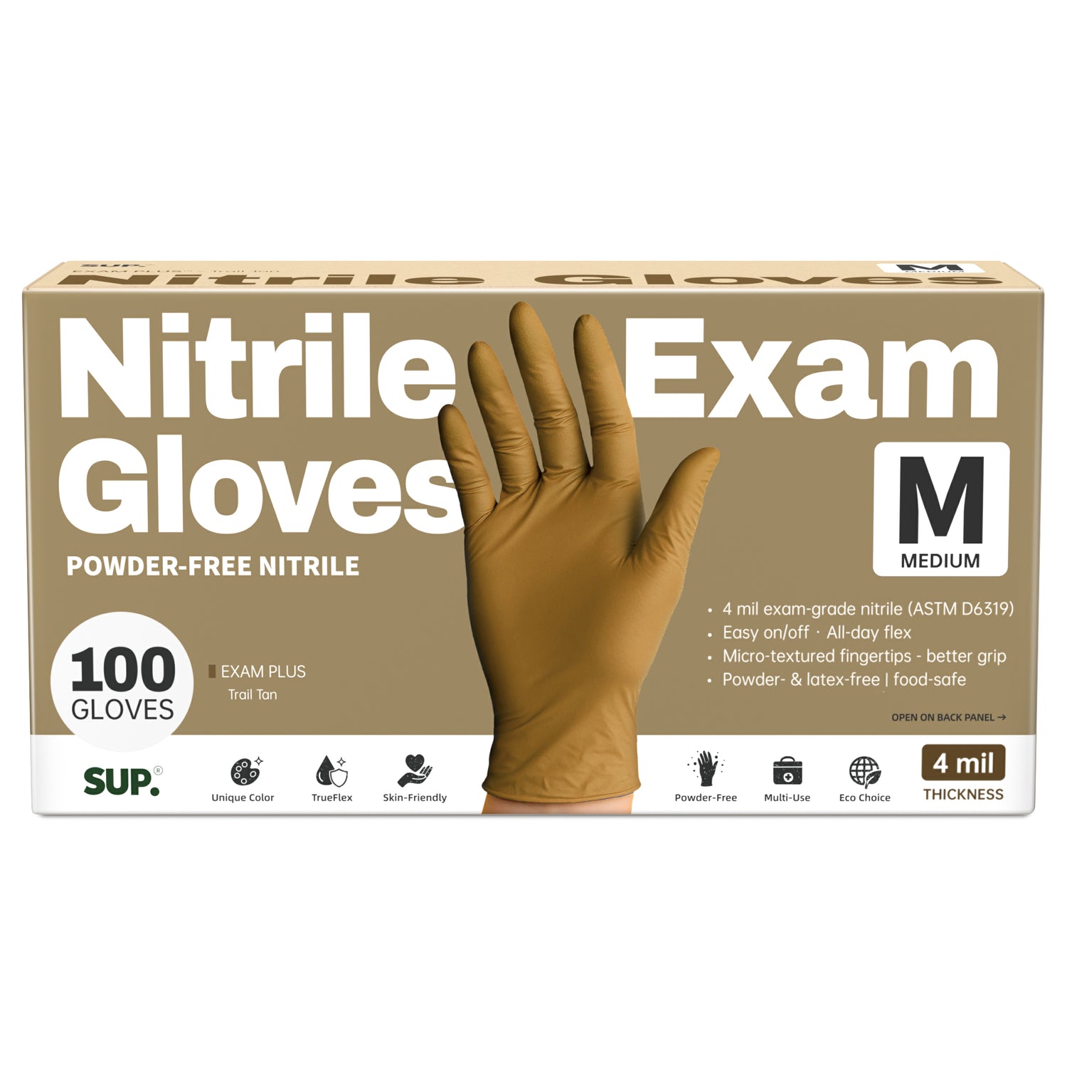 SUP Powder-Free Nitrile Gloves, 100 Count, Food Safe Latex-Free Medical Non-Sterile Cooking Disposable Glove, Tan