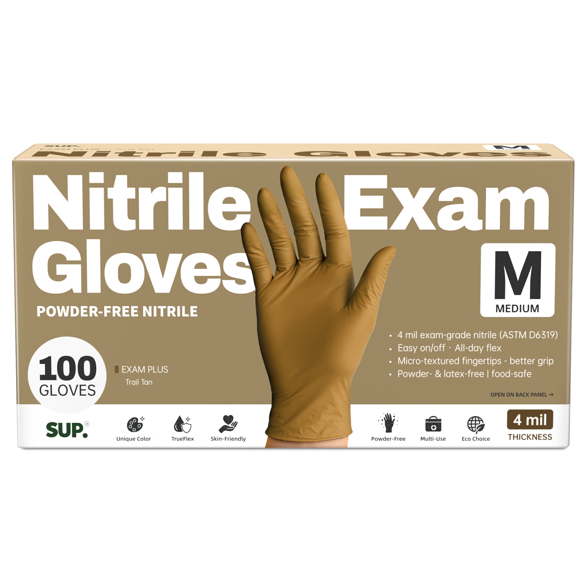 SUP Powder-Free Nitrile Gloves, 100 Count, Food Safe Latex-Free Medical Non-Sterile Cooking Disposable Glove, Tan