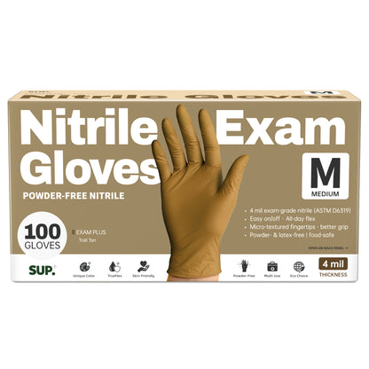 SUP Powder-Free Nitrile Gloves, 100 Count, Food Safe Latex-Free Medical Non-Sterile Cooking Disposable Glove, Tan