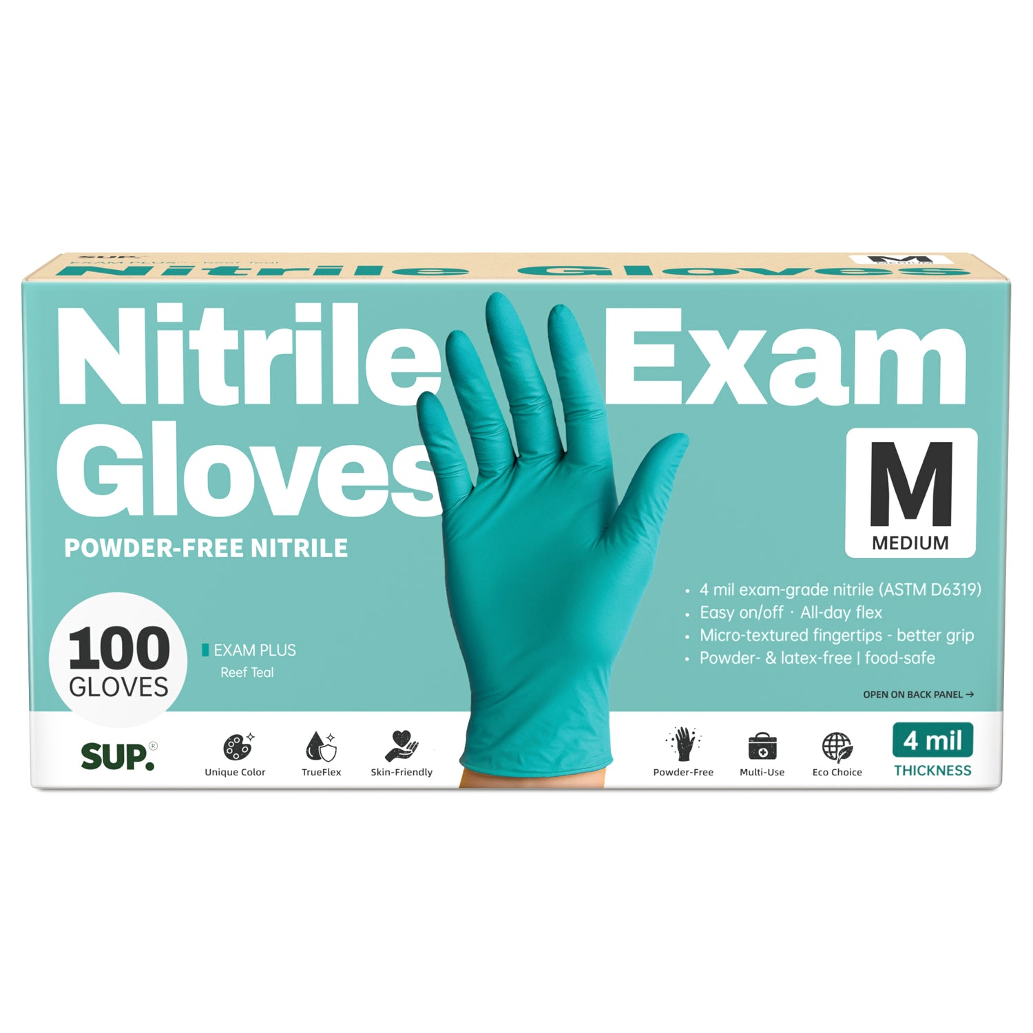 SUP Powder-Free Nitrile Gloves, 100 Count, Food Safe Latex-Free Medical Non-Sterile Cooking Disposable Glove, Teal