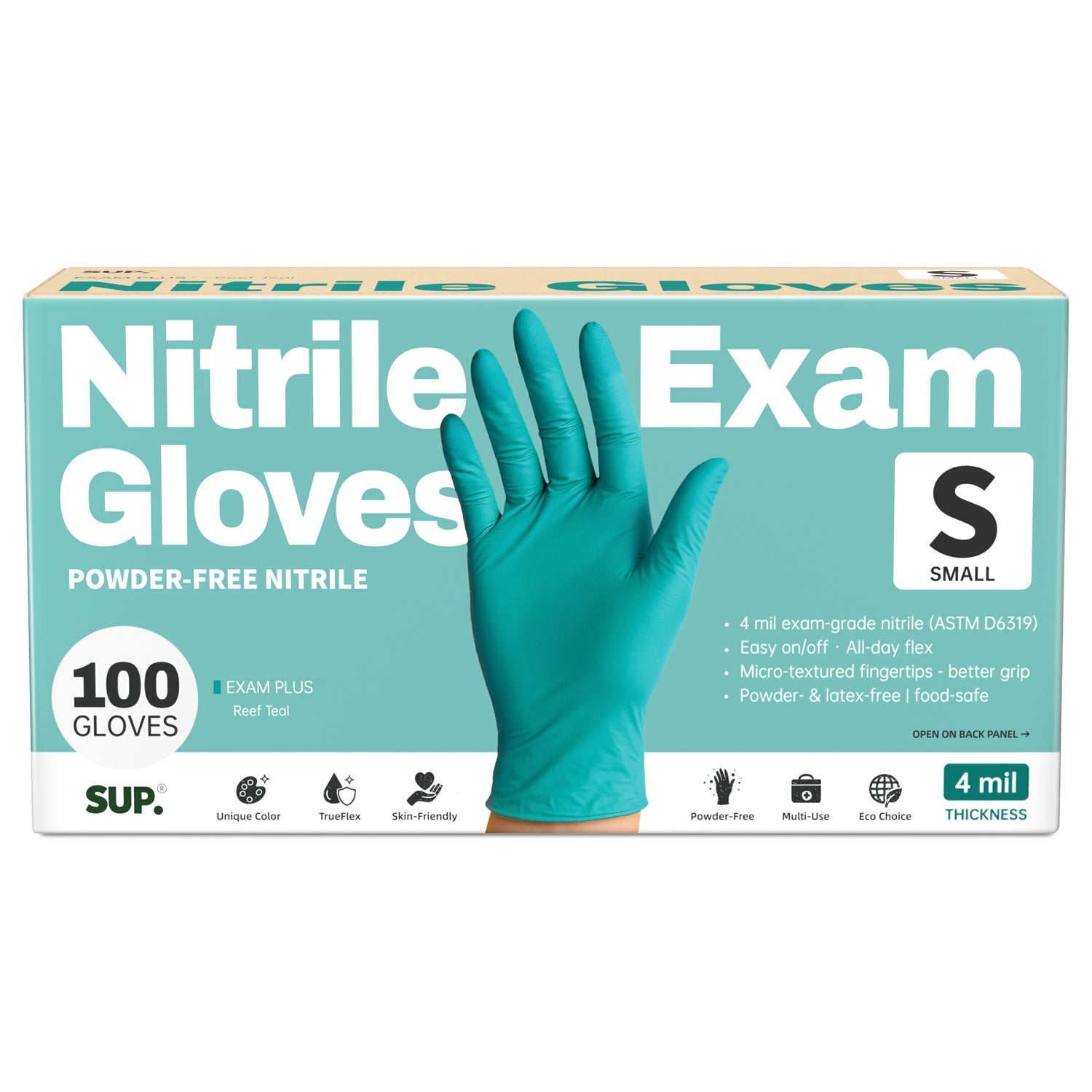 SUP Powder-Free Nitrile Gloves, 100 Count, Food Safe Latex-Free Medical Non-Sterile Cooking Disposable Glove, Teal