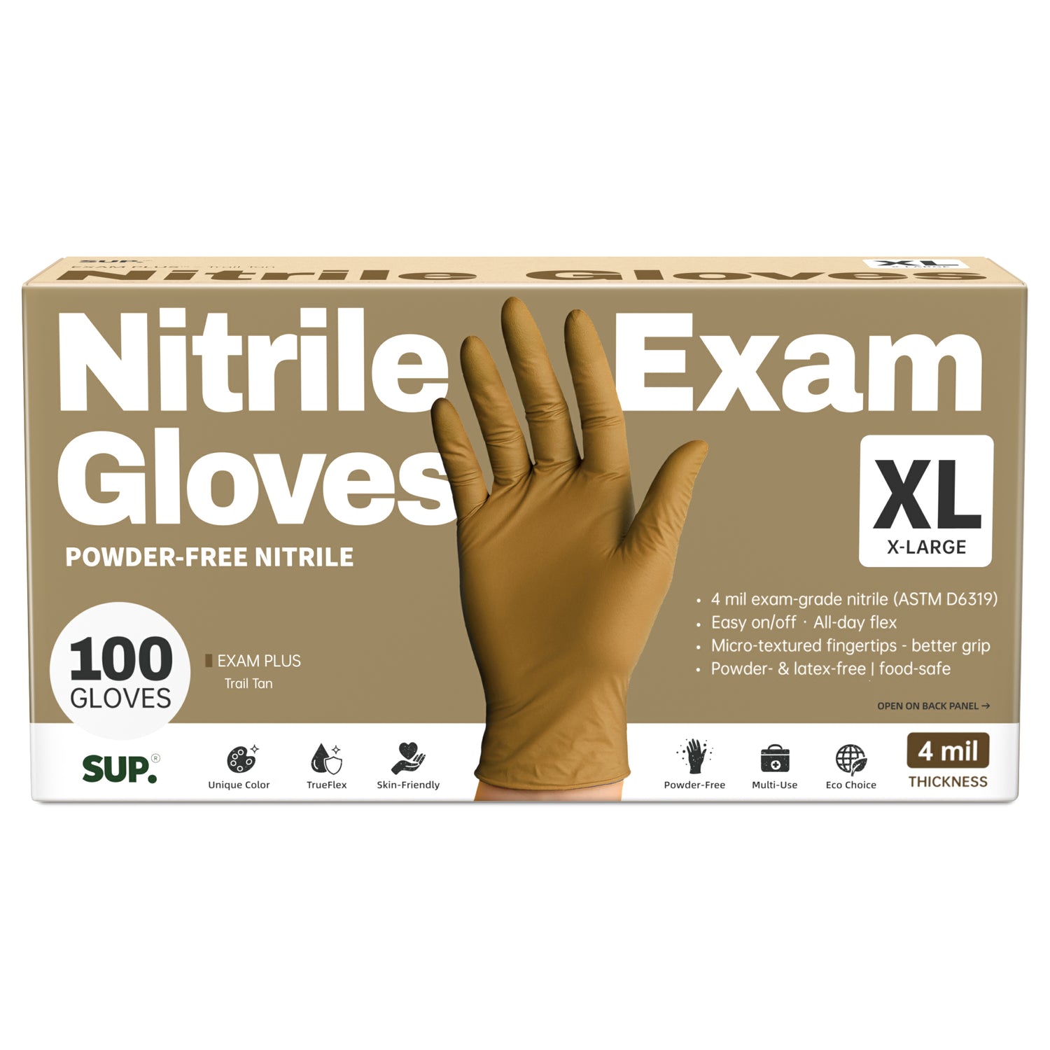 SUP Powder-Free Nitrile Gloves, 100 Count, Food Safe Latex-Free Medical Non-Sterile Cooking Disposable Glove, Tan